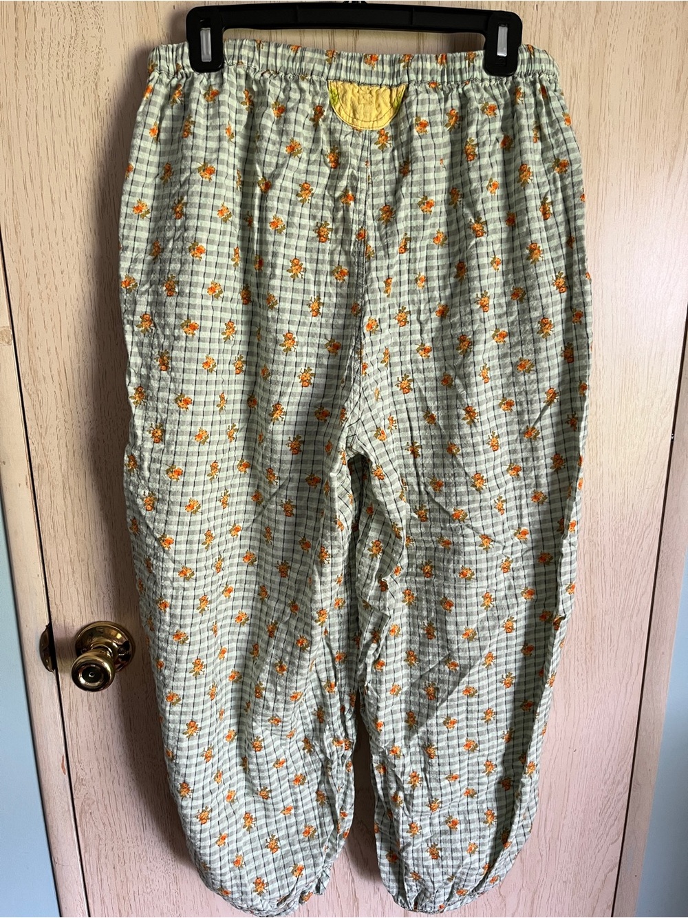 Free People On Repeat Pyjama Trousers Plaid Floral - Lime Cream Sz L - Picture 8 of 16